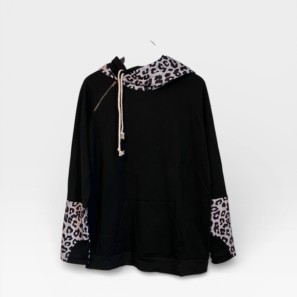 Black Hoodie Tunic with Leopard Print Accents - Picture 5 of 5